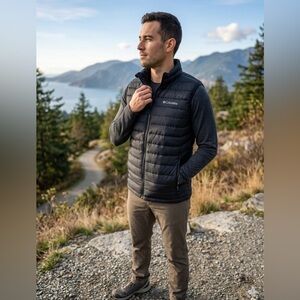 NWT Columbia Men's XXL Black Powder Lite Puffer Vest Omni-Heat Reflective